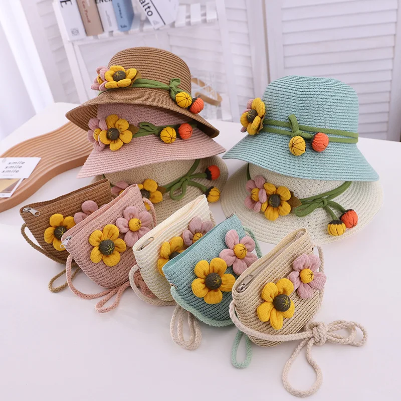 

2021 Girls Hat Matching Bag Sun Hat Shade Flower mini inspired baby purses rattan kids bag straw, Customizable