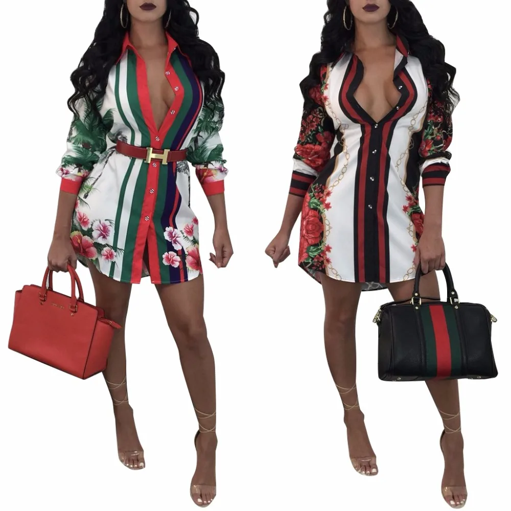 

2020 Women Floral Printed Button Down Collar Blouse Mini Dress Long sleeve shirt dress