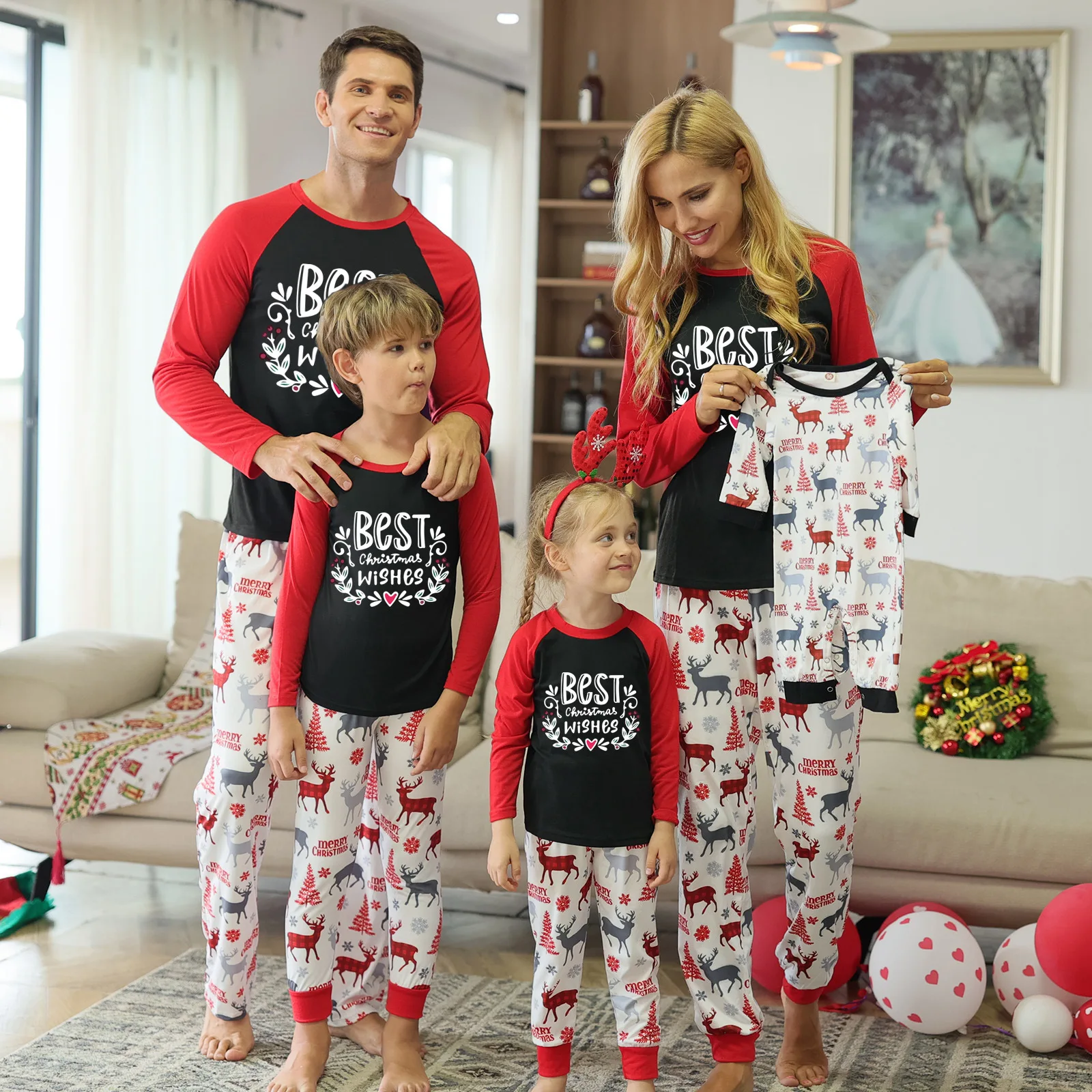 

2022 New Year's Christmas Homewear Letter Print Family Suit Long Sleeve Children's Romper Christmas Pajamas, Customized color