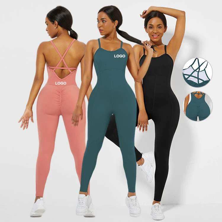 

HEXIN 2021 Yoga Bodysuit Solid Color Strappy Back Workout Jumpsuit Sports Fitness One-Piece Bodycon sportswear private label, As show
