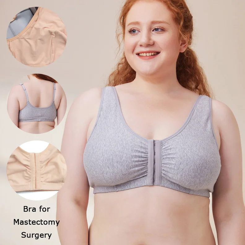 

Wholesale Wide Straps Cotton Big BCDE Cup Wireless Plus Size Women's Mastectomy Surgery Front Open Bra with Inner Pockets