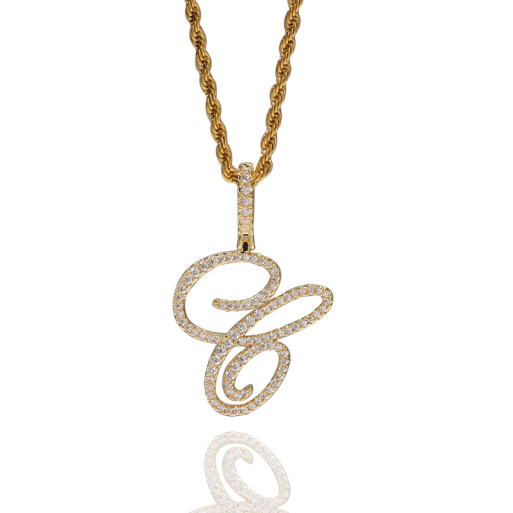 

New Iced Out Cursive Script Letter Pendant Necklace Alphabet Cubic Zircon Gold Silver Color Charms Hip Hop Jewelry