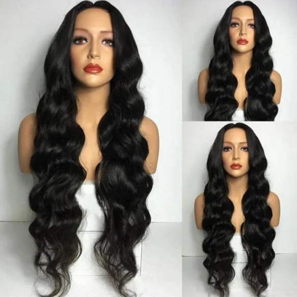 

European and American fashion hairpiece high temperature silk big wave black in the middle part of the long curly hair ladies ha, Black color