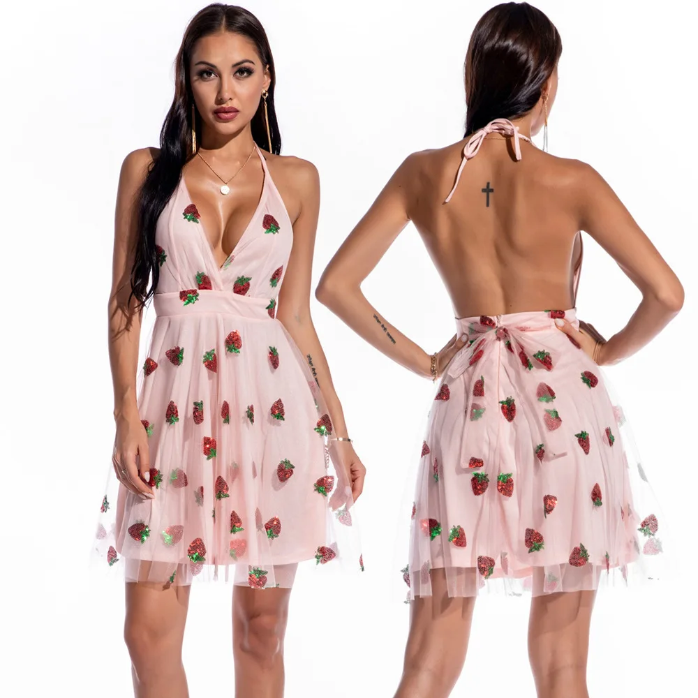 

Fashion Women Suspender Skirt Sexy Party Dress Strawberries Printed Sequin Skirt, Colors