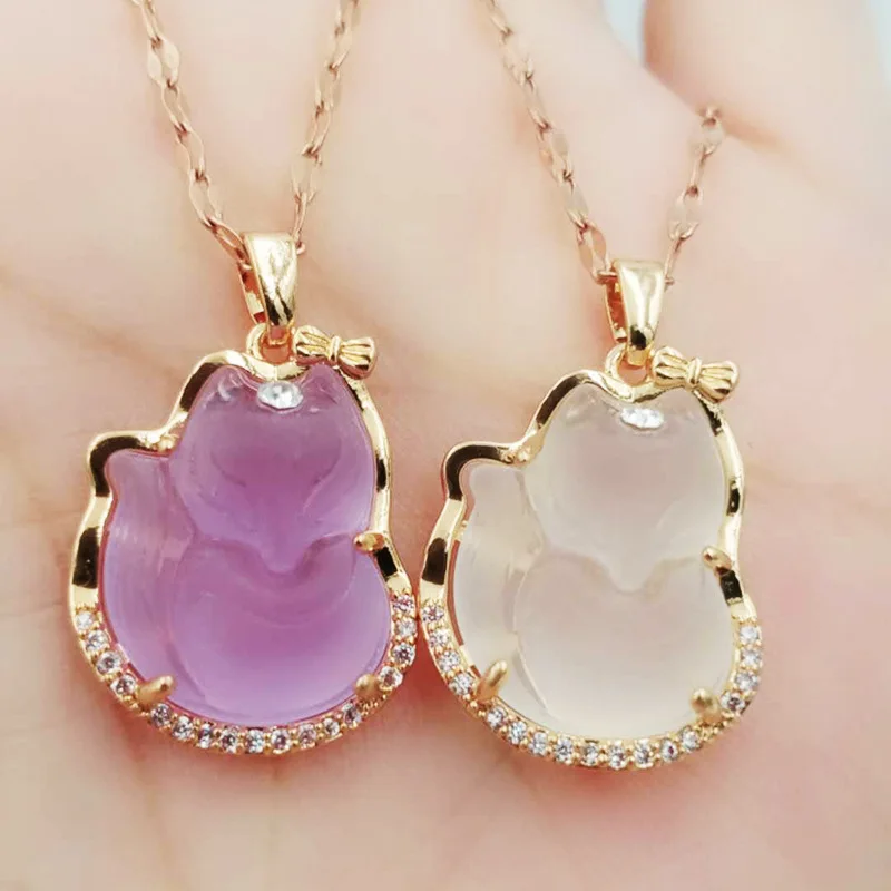 

Newest Design Multicolor Jade Fox Pendant Necklace Gold Plated Cubic Zirconia Animals Jade Fox Pendant Necklace For Women Men