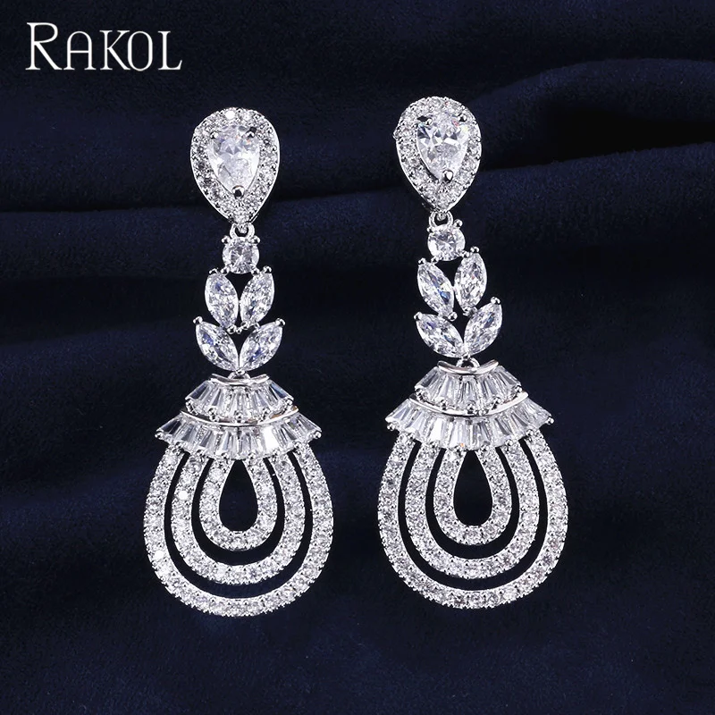 

RAKOL EP242 luxury white gold Teardrop wedding bridal Cubic Zirconia Crystal Drop Earrings, As picture
