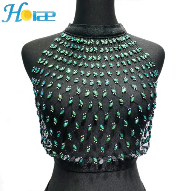 

Women Sexy See Through Mesh Beach Bikini Swimsuit Sleeveless Cover up Rhinestone Midi Dress rhinestone beachwear, Black with green ab