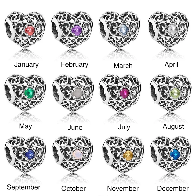 

Month Signature Heart Birthstone With Crystal Charm Beads Fit Europe Bracelet Bangle 925 Sterling Silver Bead Charm Diy Jewelry