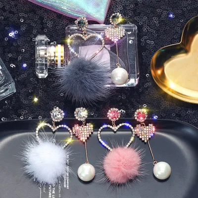

Super September Korean Asymmetrical Hair Ball Pearl Drop Earrings Jewelry Shiny Crystal Heart Fur Ball Earrings for Women
