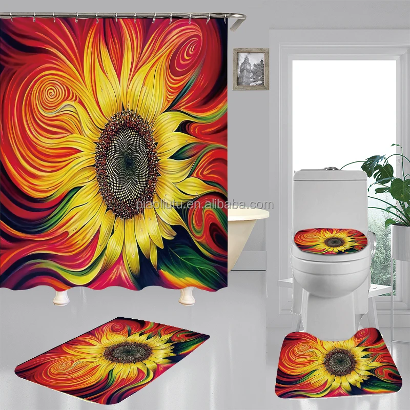 

Custom Logo 3D Sunflower Floral bathroom shower curtain print waterproof with bath rug set