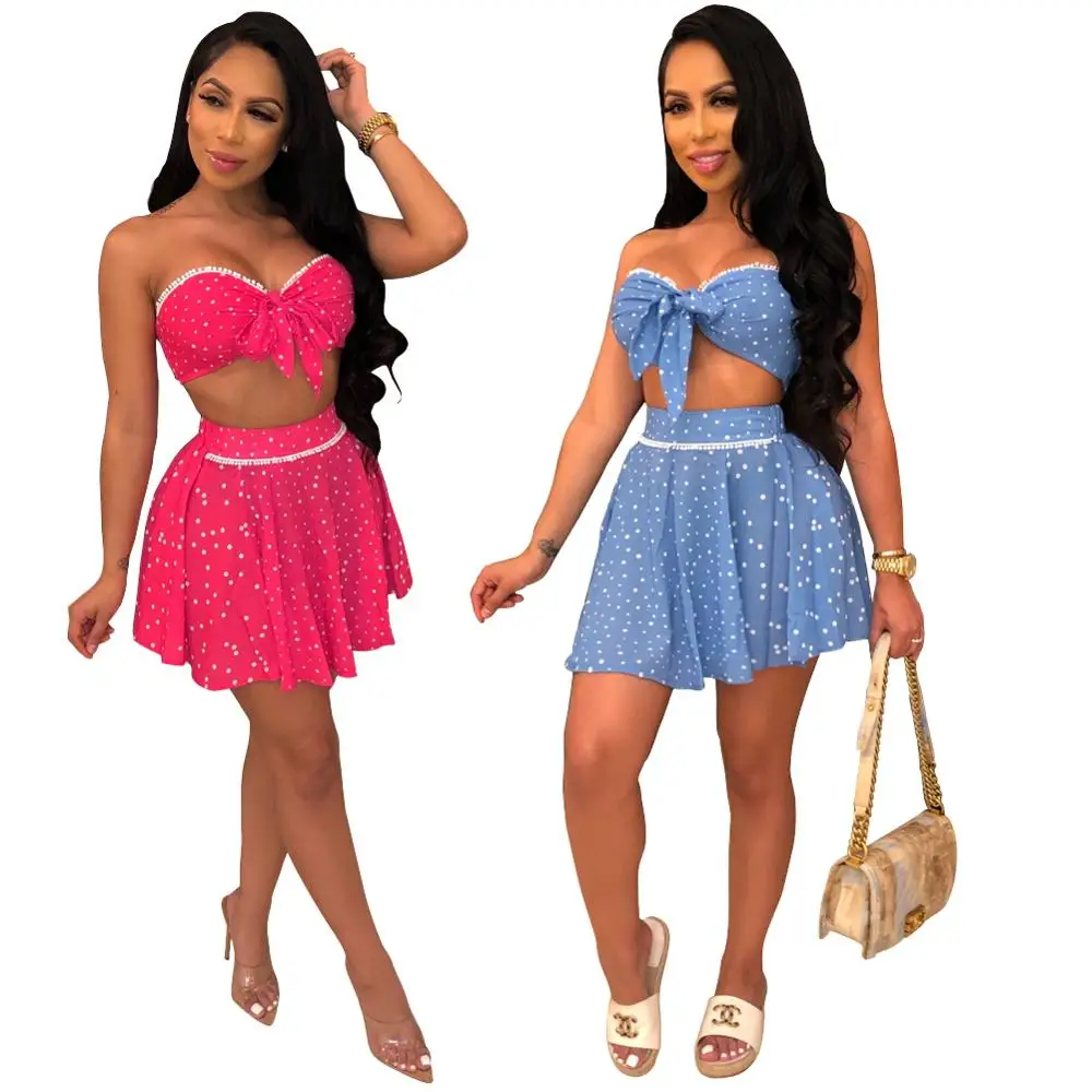 

New Sexy Women Clothing Dot Print Short Sleeveless Off Shoulder Womens Two Piece Skirt Set