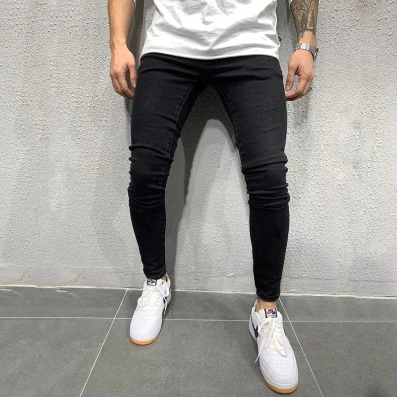 

Men High Street Casual Simple solid color Skinny Pencil jeans Pants man Slim fit Cotton Denim trousers, Black