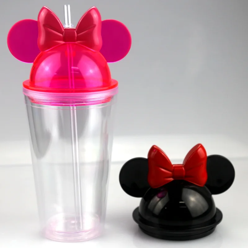 

Cute 16oz Mickey Mouse Ear Drinking Water Bottle Cup Custom Clear Double Wall Reusable Minnie Acrylic Plastic Tumbler with Lids, Black, pink