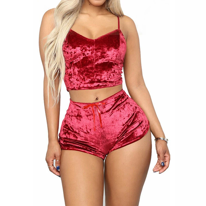 

Hot Selling Sexy Spaghetti Strap Top and Shorts Sleepwear Suit Custom Plus Size Nightwear Women Lace Breathable Pajamas Set, Multi colors