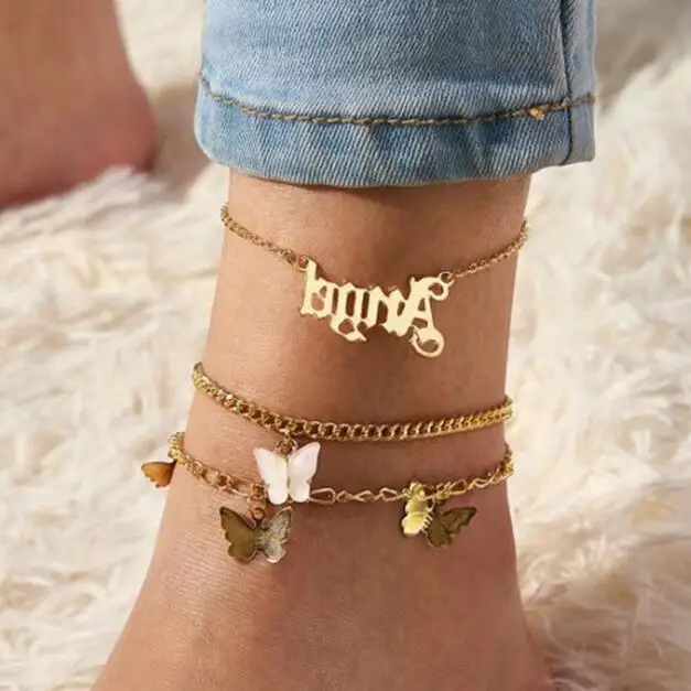 

Hot Selling Gold Plated 3PCS Butterfly Pendant Beach Ankle Bracelets Adjustable Layered Link Chain Angel Butterfly Anklets, Gold,silver