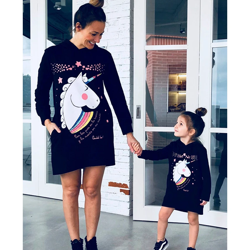 

Wholesale Custom Unicorn Printing Womens Hoodies Sweatshirts Family Matching Mommy and Me Pullover Outfits, Black