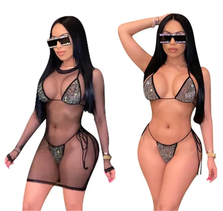 

Sexy Women Swimwear Rhinestone Bikini And Mesh Dress Summer Three Piece Set Beach Swimsuit, Picture