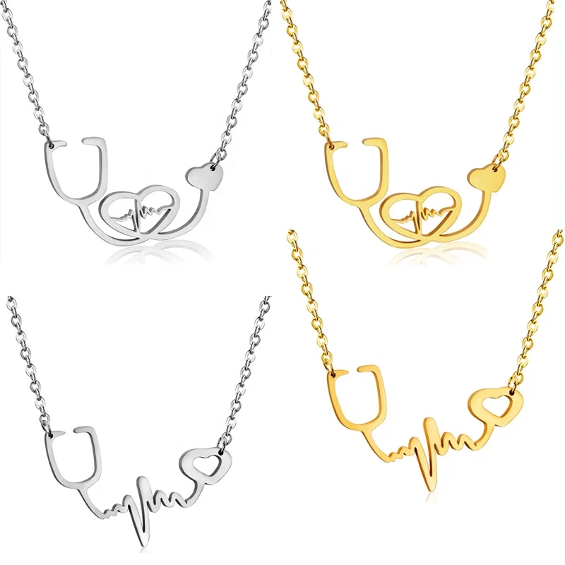 

20pcs Stainless Steel Medical Necklace For Nurse Accessories Heart Stethoscope Pendant Charm Necklace, As picture