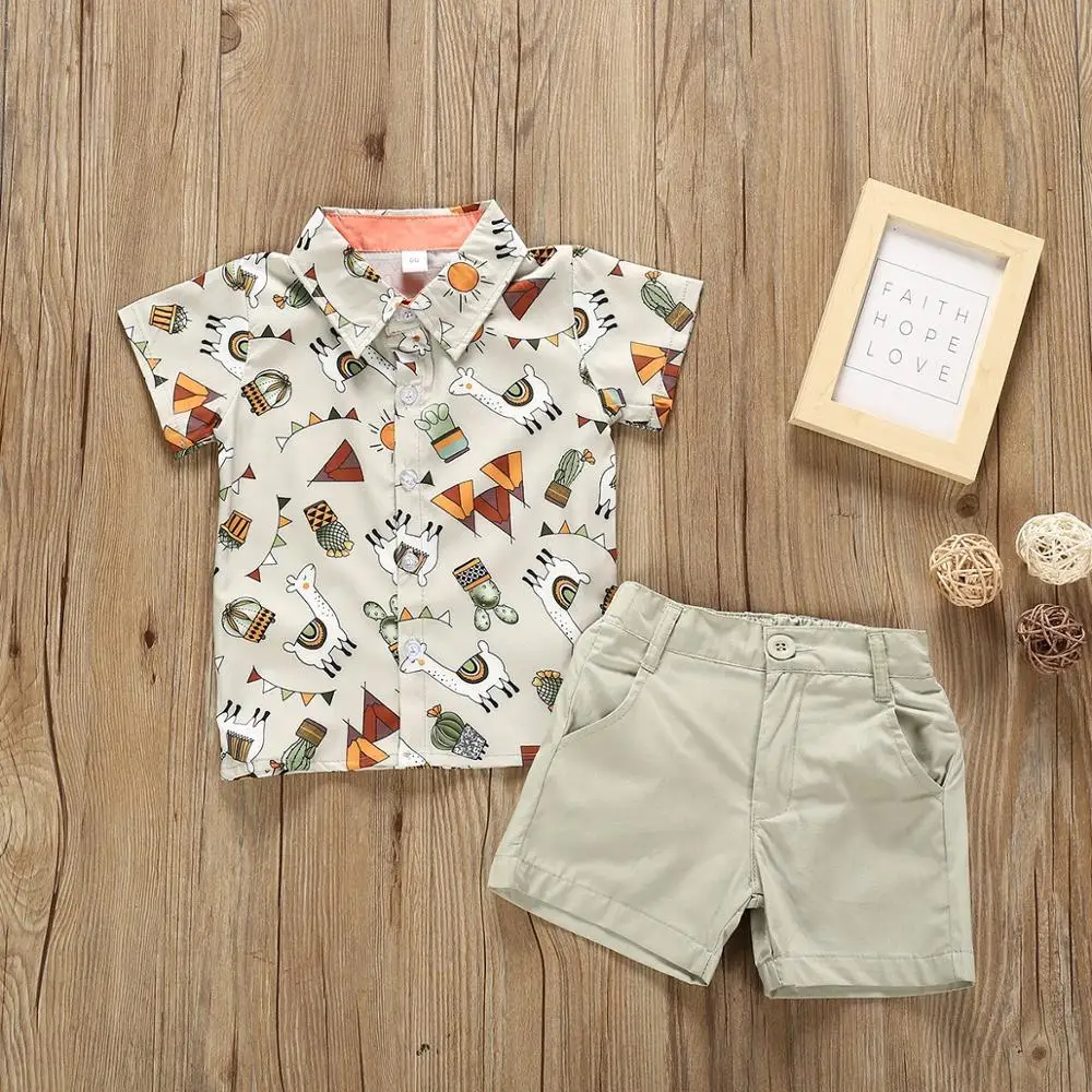 

Hot sale toddler boys summer holiday clothing set boutique baby boys beach printed shirt and shorts 2 pcs clothes set, Picture shows