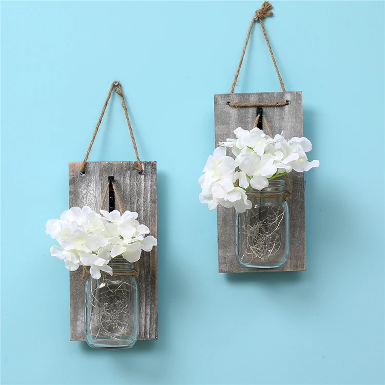 Rustic wood home decor set of 2 wall hanging remote control mason jars sconce