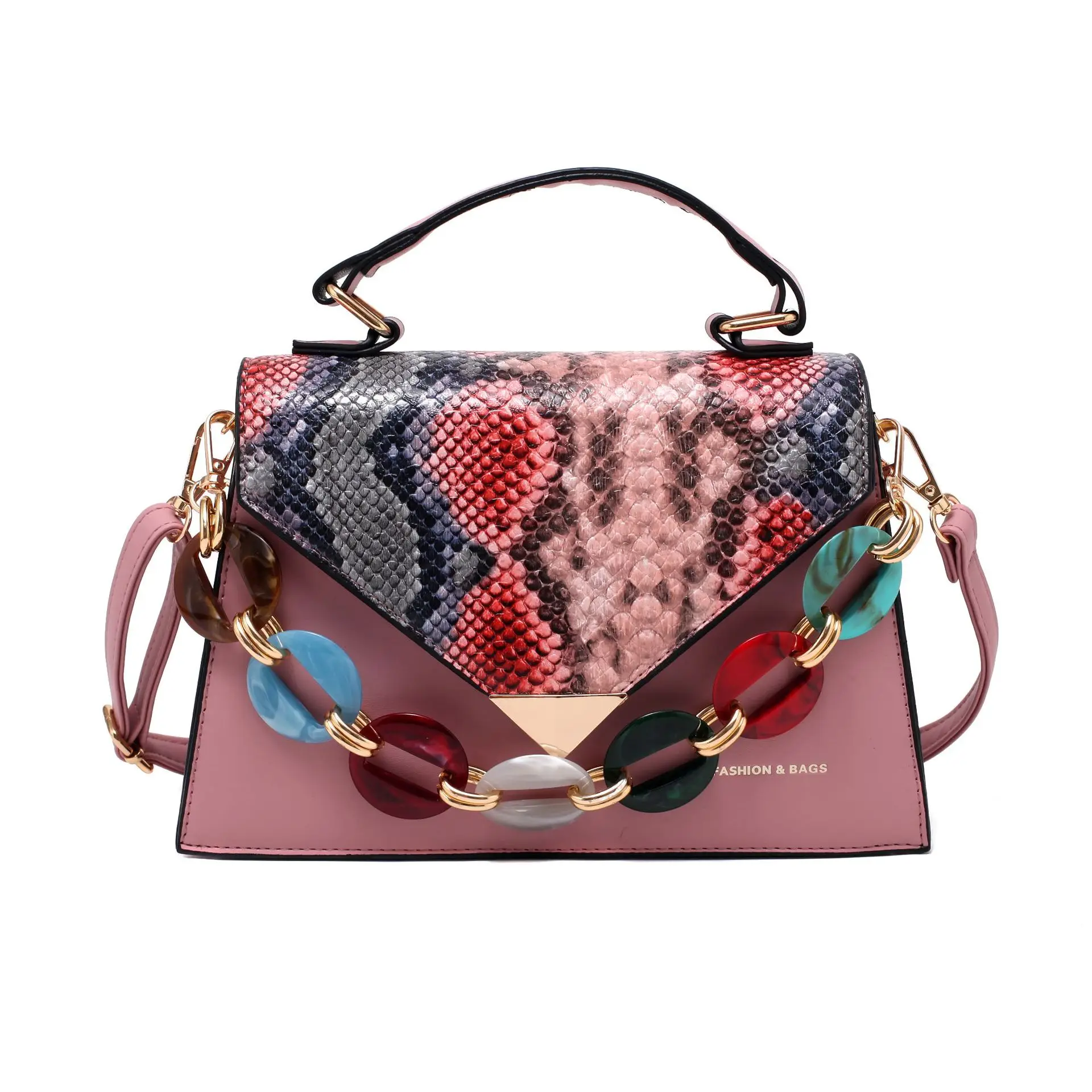 

Wholesale Ladies Acrylic Chain PU Leather Snakeskin Shoulder Luxury Handbags for Women, 5 colors