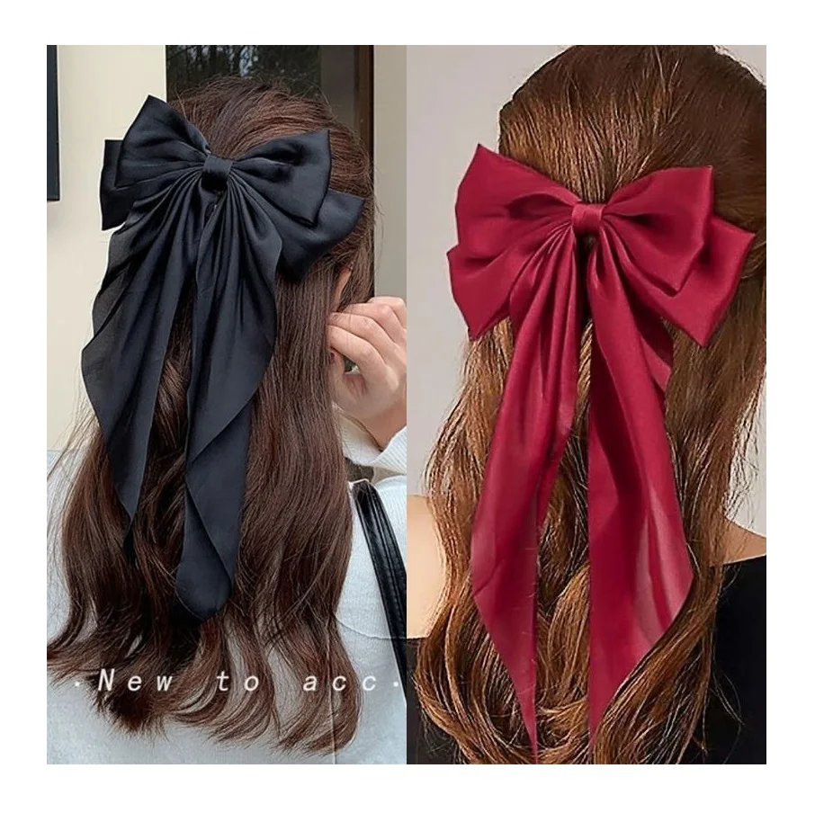 

Slides Solid Color Bowknot Hairpin French Barrette with Long Silky Satin Tail Large Bow Hair Clips for Women Baby Girl Bows