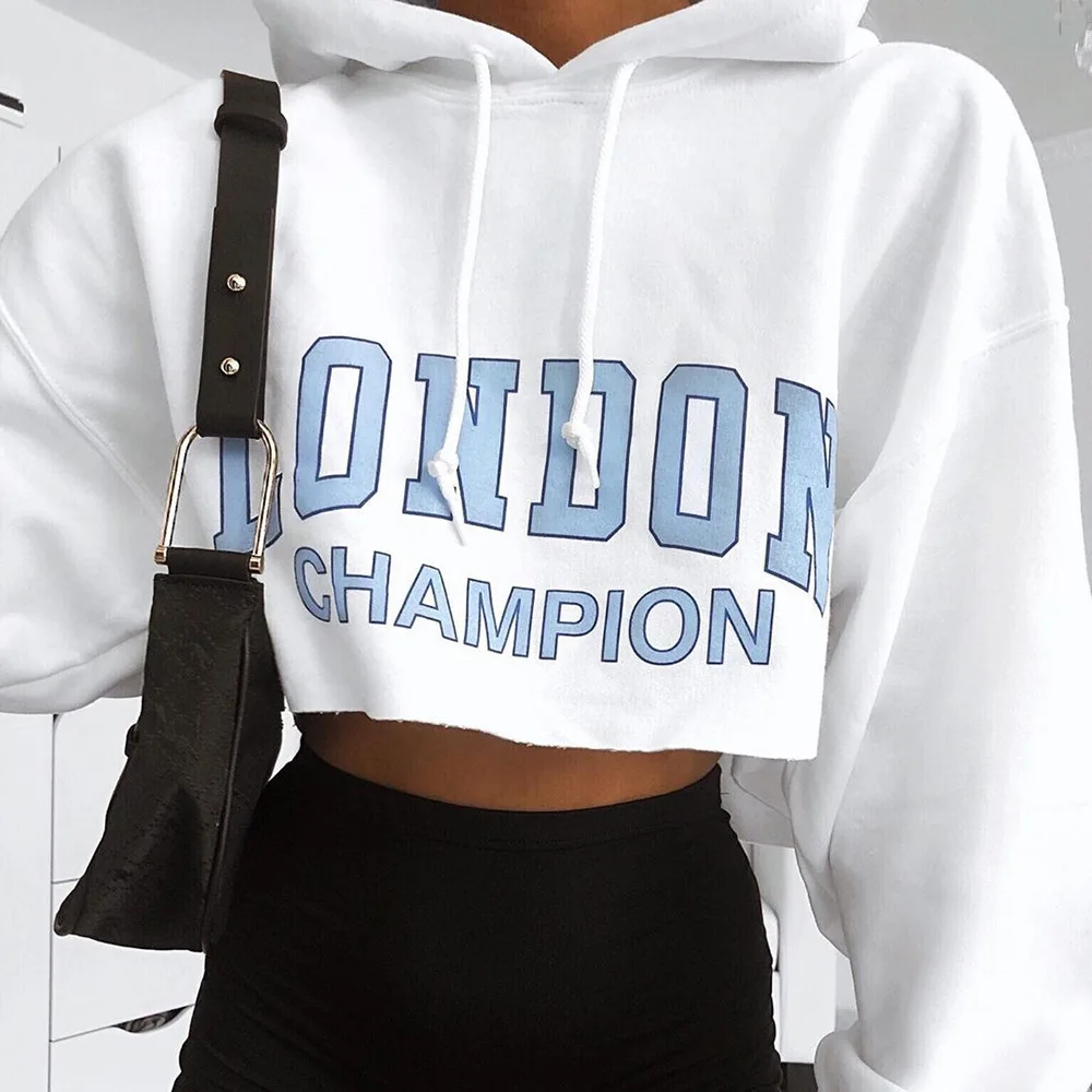 

KEYIDI Fashion Long Sleeve Print Word White Women Crop Hoodies