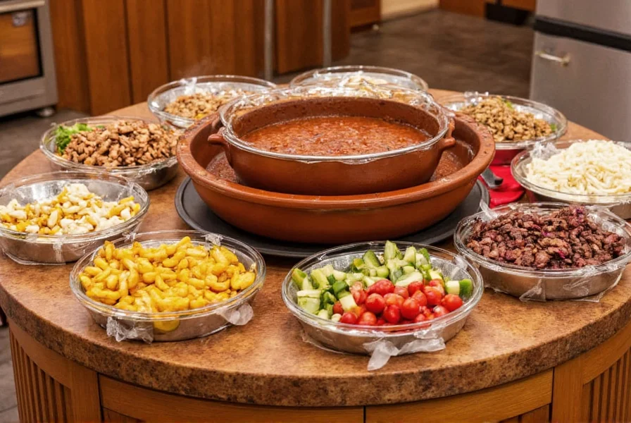 Chili bar setup with multiple topping containers arranged around a central chili pot