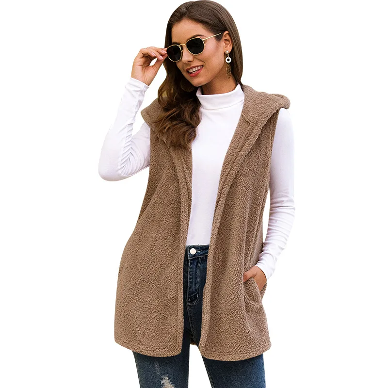 

Ladies' fall/winter new product hot mid-length European and American solid color hooded vest plush jacket