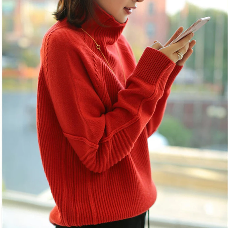 

SW015 Turtleneck Cashmere Sweater Women Loose Warm Knitted Pullover Winter Outwear Lazy Oaf Female Jumpers