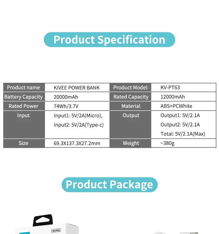 KIVEE Mobile Power Bank 20000mAh portable charger external Battery 20000 mAH power banks - ANKUX.COM