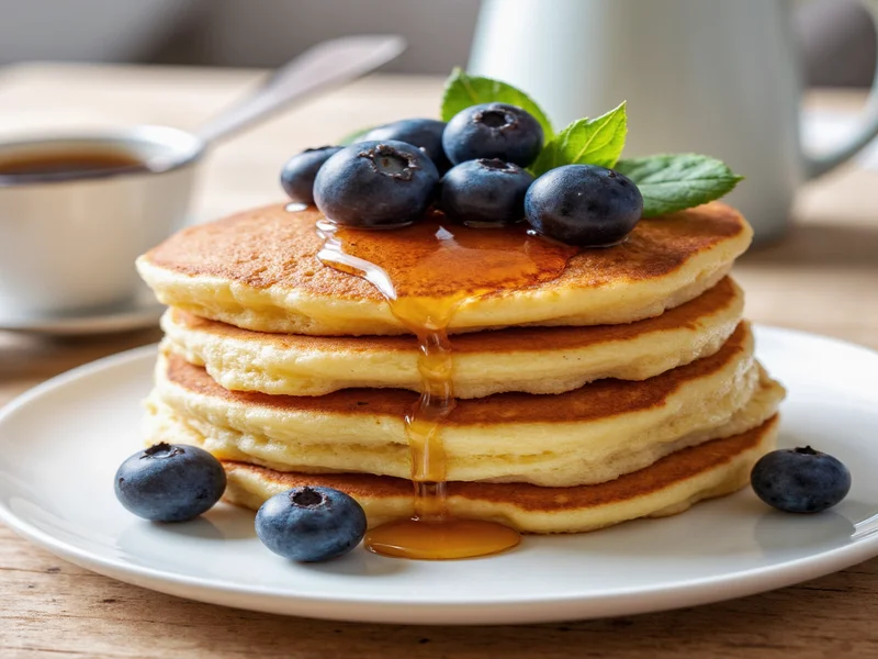 Stack of fluffy pancakes with blueberries and maple syrup