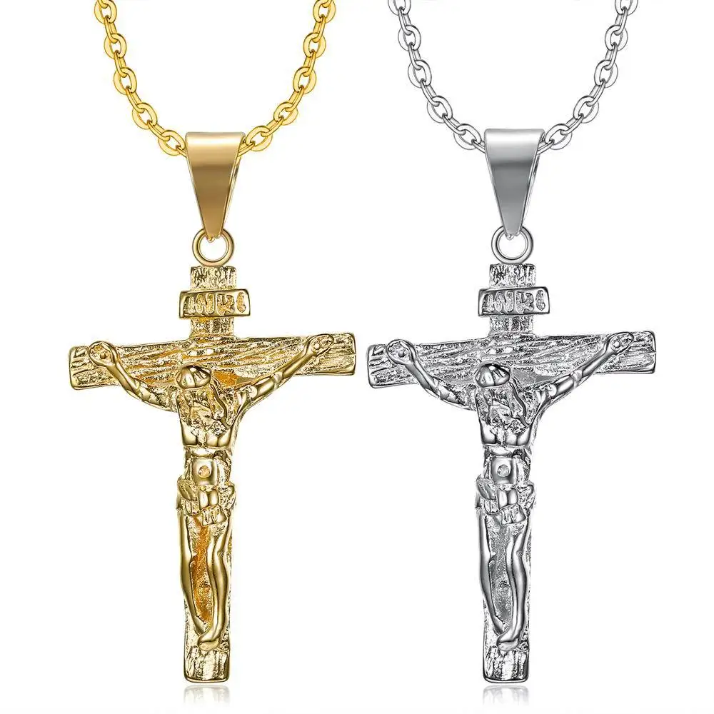 

Christian Mens Stainless Steel Gold Plated Jesus Necklace Cross for Prayer God Bless Us, Custermized