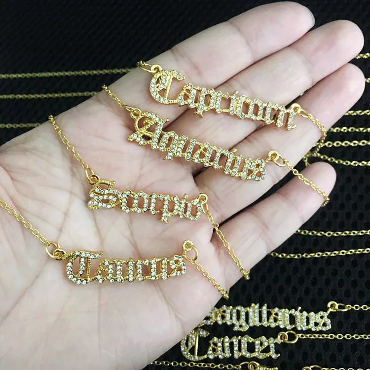 

au750 18K real Gold Pendant Chain Symbol Horoscope Bling Letters Alphabet Jewelry Charm Rhinestone Diamond Zodiac Sign Necklace