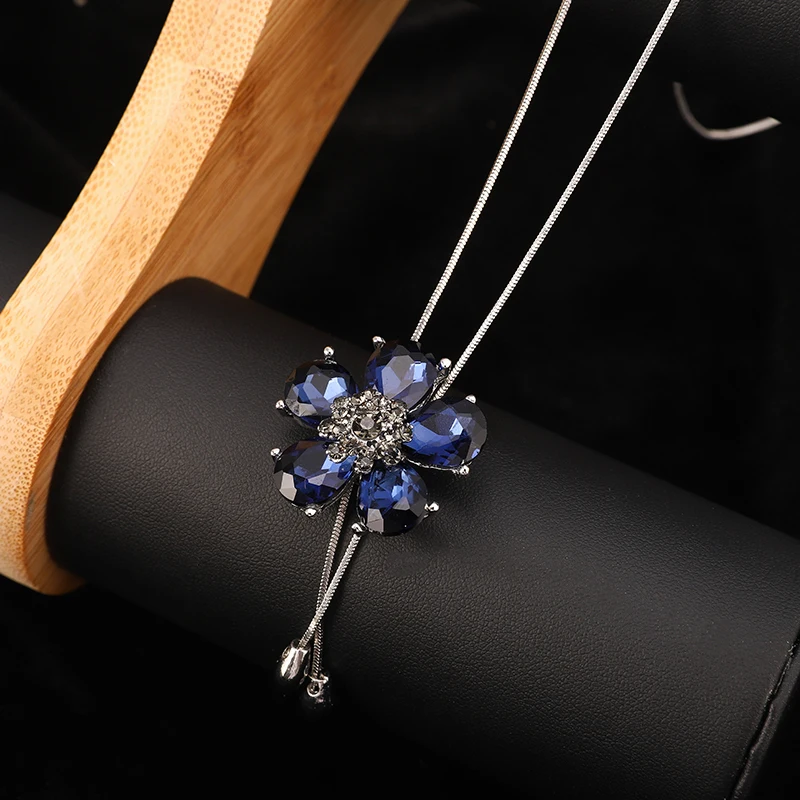 

New blue drop floral sweater chain long fashion pendant necklace