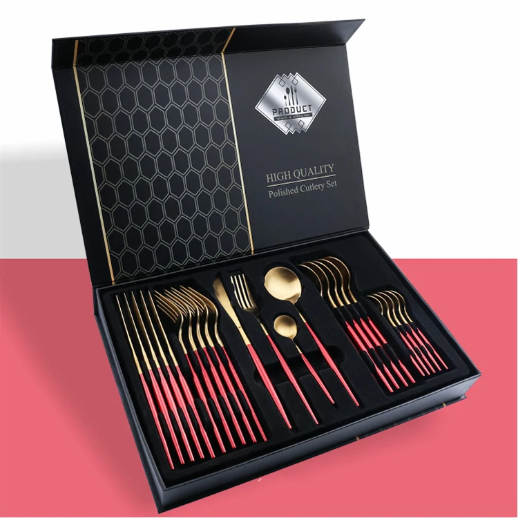 

Cutlery Set Flatware Spoon And Forks Knives,Black Stainless Steel Gold Cutlery 24pcs Set