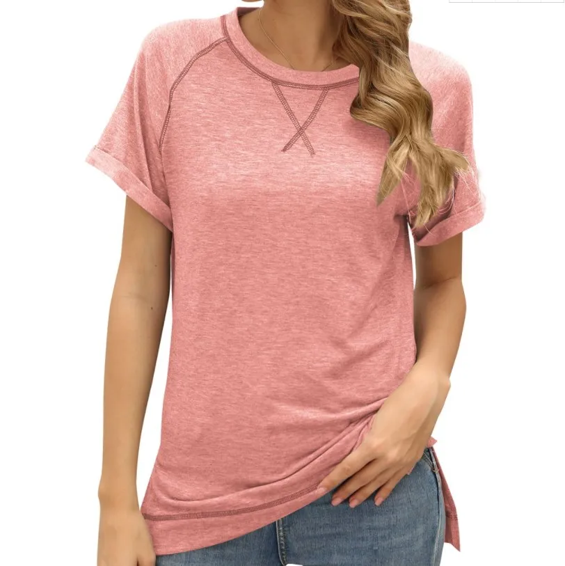 

Summer Tops Ladies Short Sleeve Casual Tops Cotton Tee Round Neck Splicing Blouse T-shirt For Women, Cotton/polyester or custom