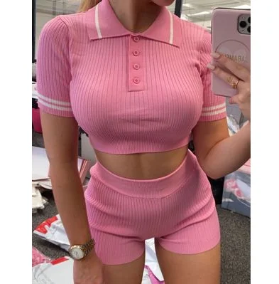 

Summer 2 Piece Shorts Sets Spring Ribbed Casual V Neck Candy Color Cropped Top Skinny Plus Size Clothing Women's Summer Sets