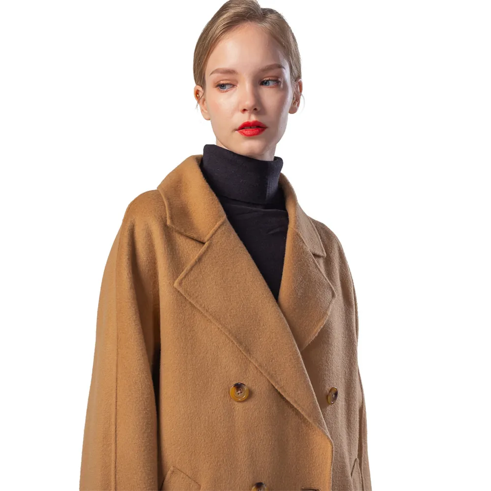 

2020 winter Classic Women's Elegant Solid Color 100% wool Handmade coat Double Breasted Jacket Female, Camel