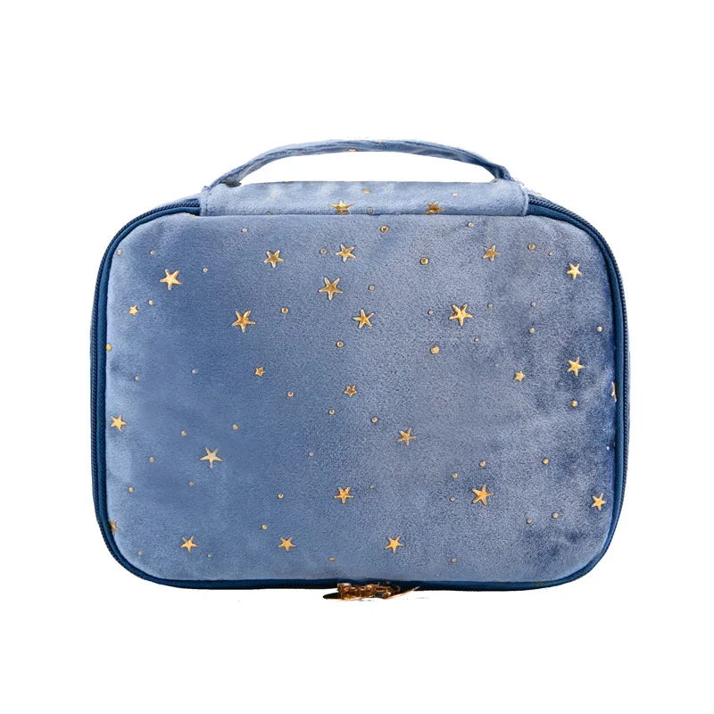 

B-1022 custom logo thermoprint stars square velvet makeup luxury portable lips two layer cosmetic bag for women ladies, Multi colors