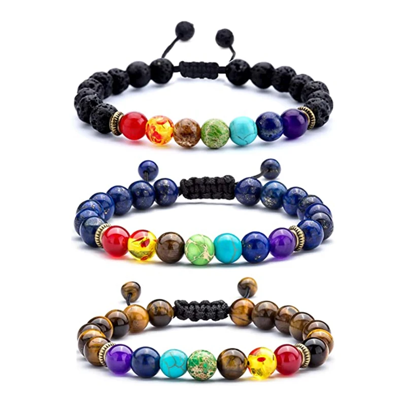 

8mm Yoga Lava Rock 7 Chakras Essential Oil Diffuser stretch Bracelet Braided Rope Natural Stone Beads Bracelet