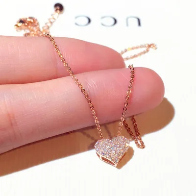 

Trendy Delicate Gold Plate S925 Sterling Silver Heart Pendant Choker Necklace Zircon Rhinestone Crystal Heart Necklace For Women