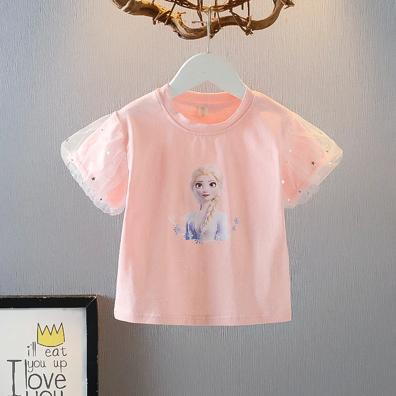 

kids t shirt cartoon elsa puff sleeve short summer cotton top shirts children clothing outfit princess party girls