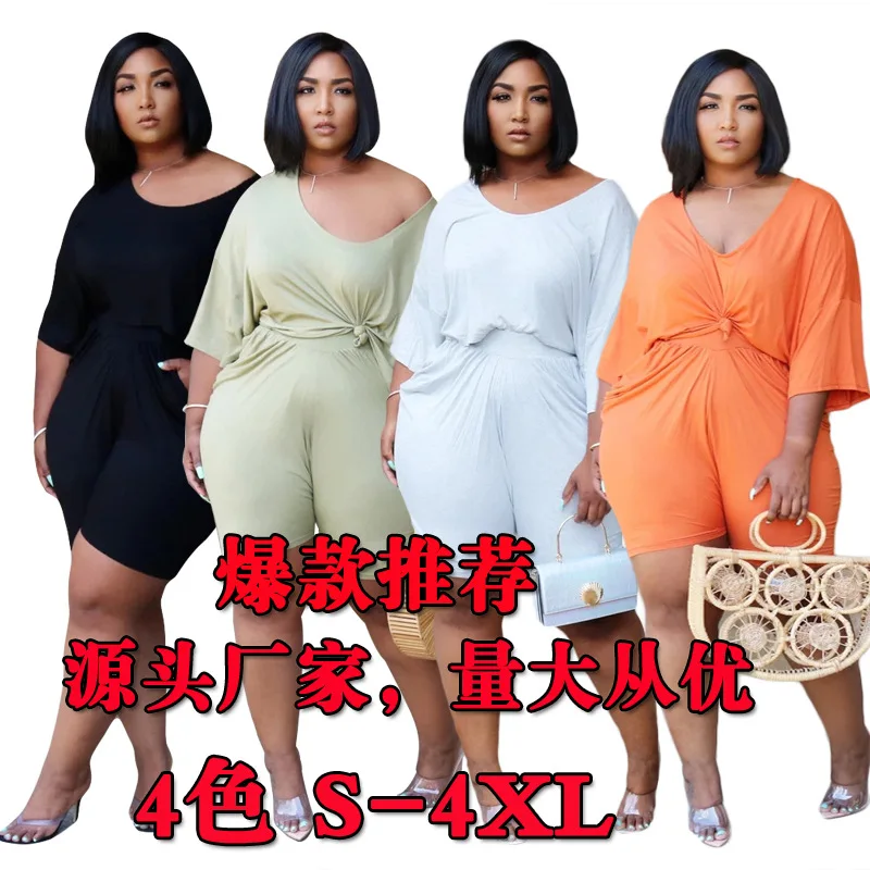 

Women's clothes big size solid pleated loose short sleeve shorts 2 piece sports casual suit, 4color