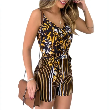 

2021 European and American new Vneck suspenders fashion leaf print stripe tie jumpsuit, 6 color