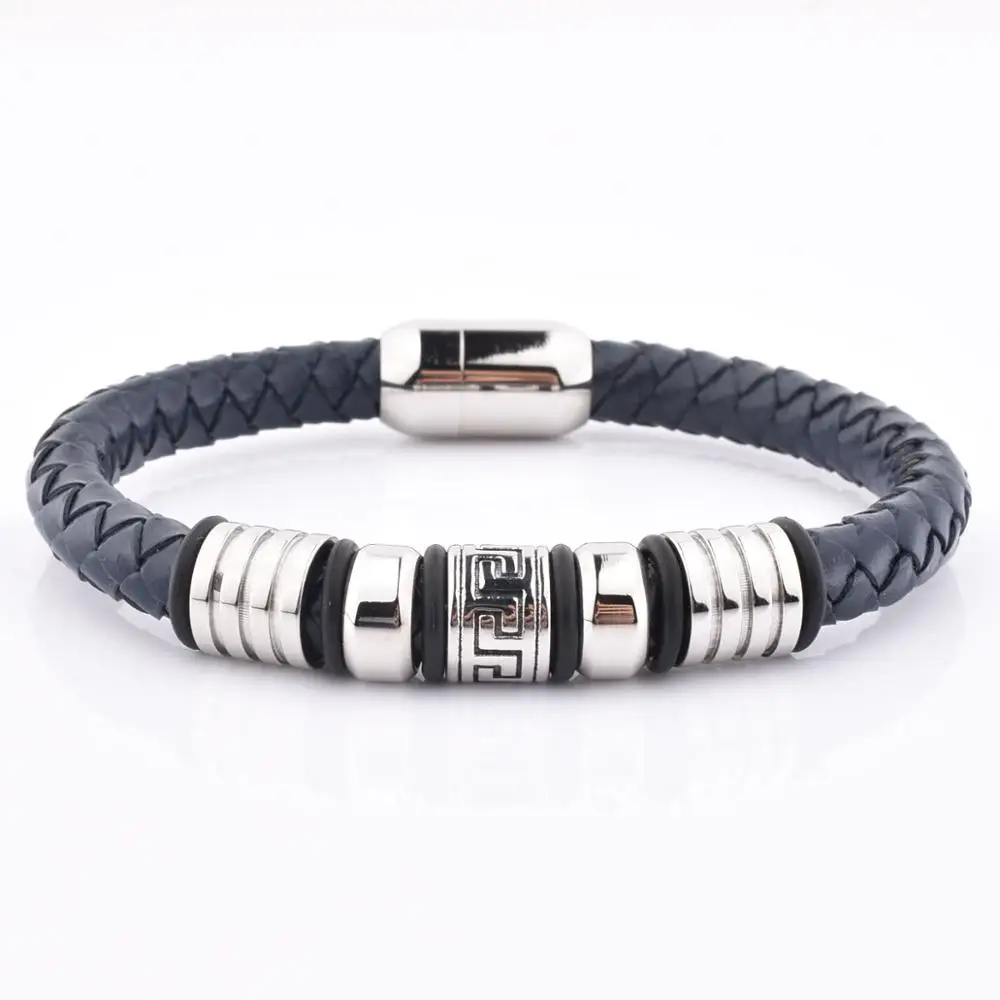 

Brand New 8Mm Handmade Cool Navy Blue Leather Bracelets With Silver Charm For Guys
