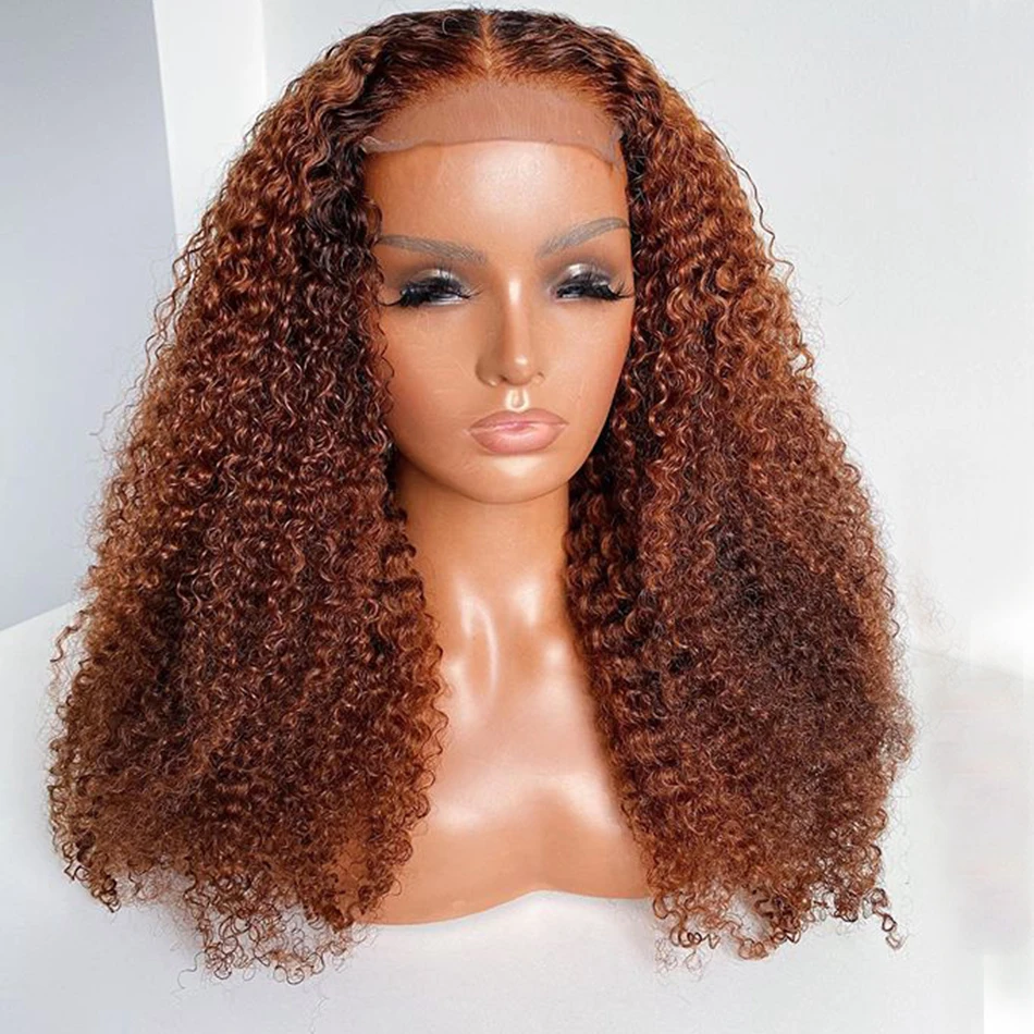 

Ginger Brown Curly Human Hair Lace Front Wigs with Baby hair 180density Soft and Full Kinky Curly Lace Frontal Wigs