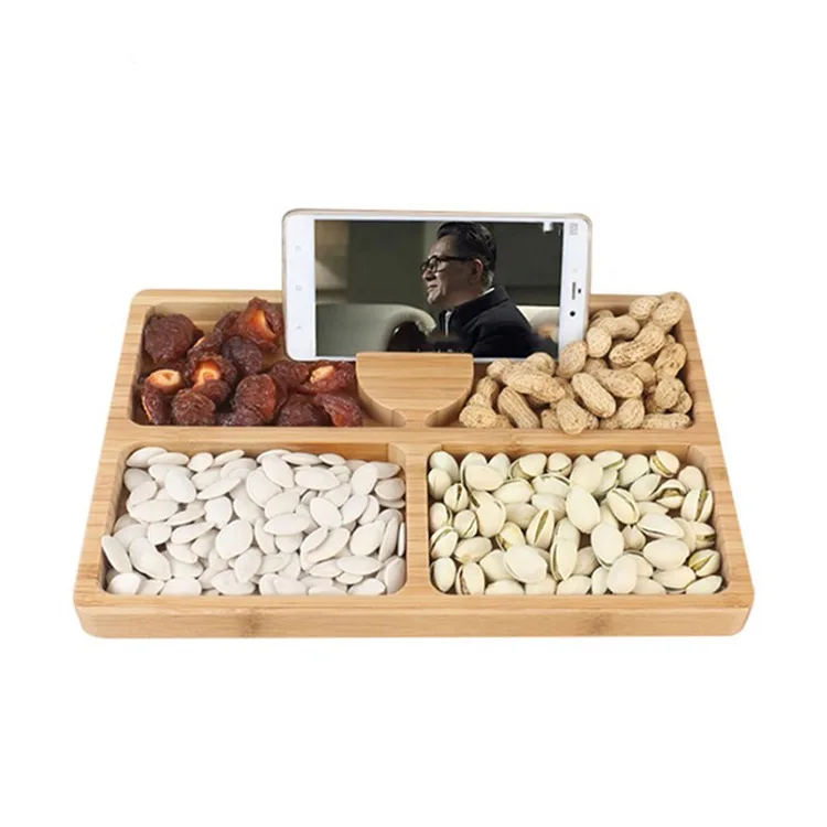 

Bamboo dried fruit tray household divided tray with mobile phone holder tray, Wooden color