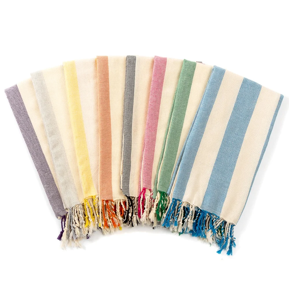 Wholesale Bulk 100% Cotton Striped Hammam Turkish Towels Tassels Custom Quick Dry Sand-Free Embroidery Portable Gym Everyday
