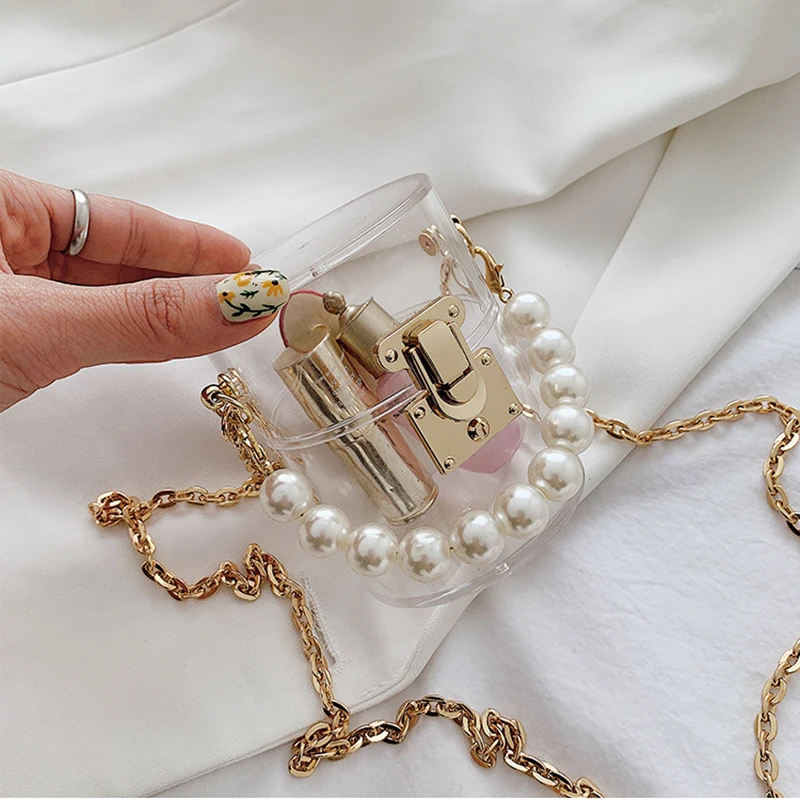 

FANLOSN Mini Pearl Chains Clear Handbag Small Lock Acrylic Bag Round Purse Transparent Bucket Bag, As the picture shown or you could customize the color you want